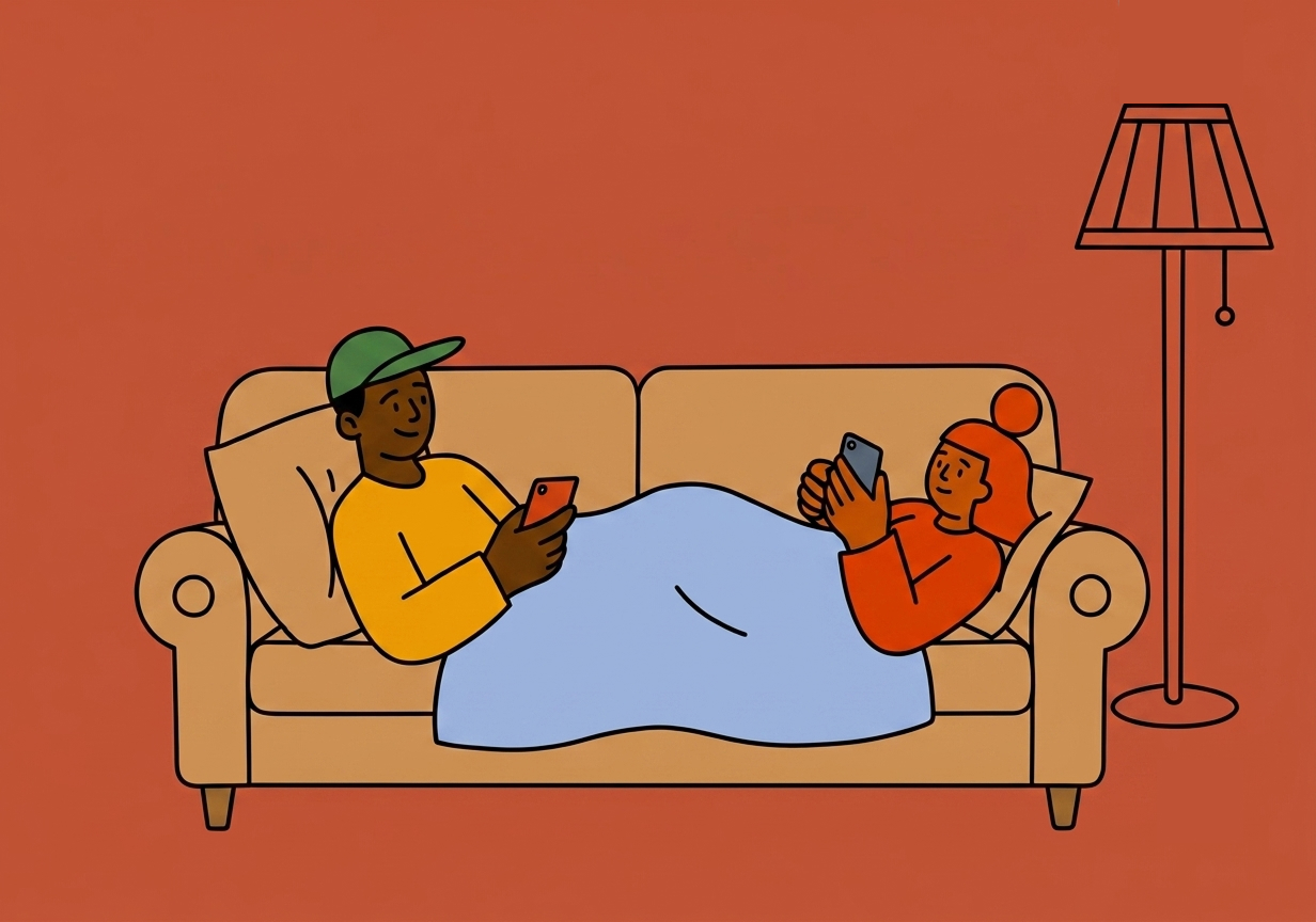 Two people sitting on a couch, each texting on their phone