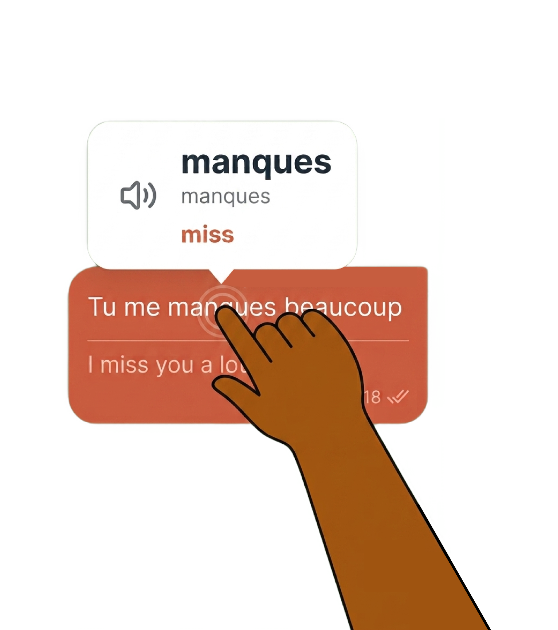 A finger tapping a word in a French message, showing a popup with the word, pronunciation, and English meaning