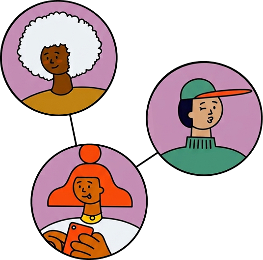 Three illustrated people connected by lines, representing an invite-only chat